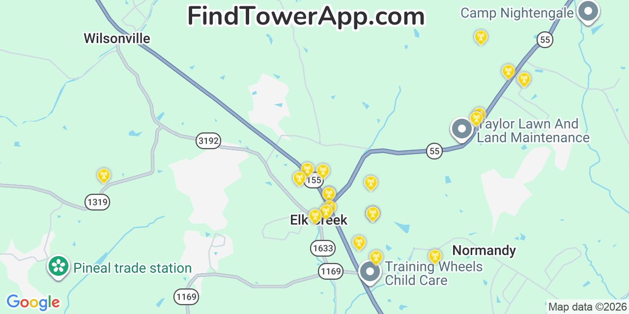 Map showing the 20 primary cell tower locations detected in Elk Creek, Kentucky from AT&T, Verizon, and T-Mobile networks