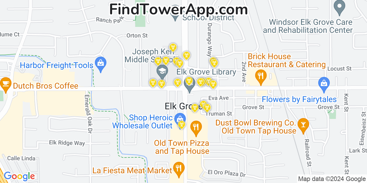 AT&T 4G/5G cell tower coverage map Elk Grove, California