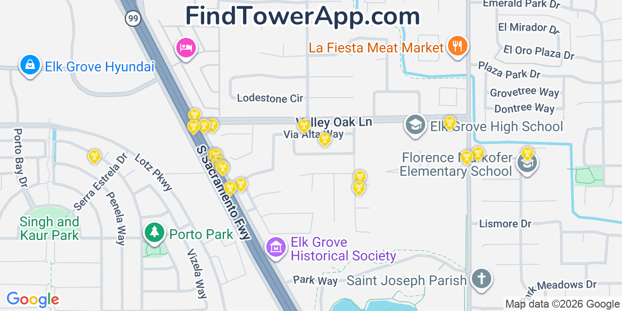 Map showing the 20 primary cell tower locations detected in Elk Grove, California from AT&T, Verizon, and T-Mobile networks