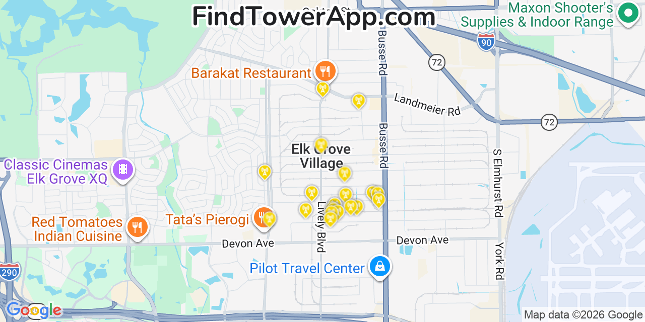 Map showing the 20 primary cell tower locations detected in Elk Grove Village, Illinois from AT&T, Verizon, and T-Mobile networks