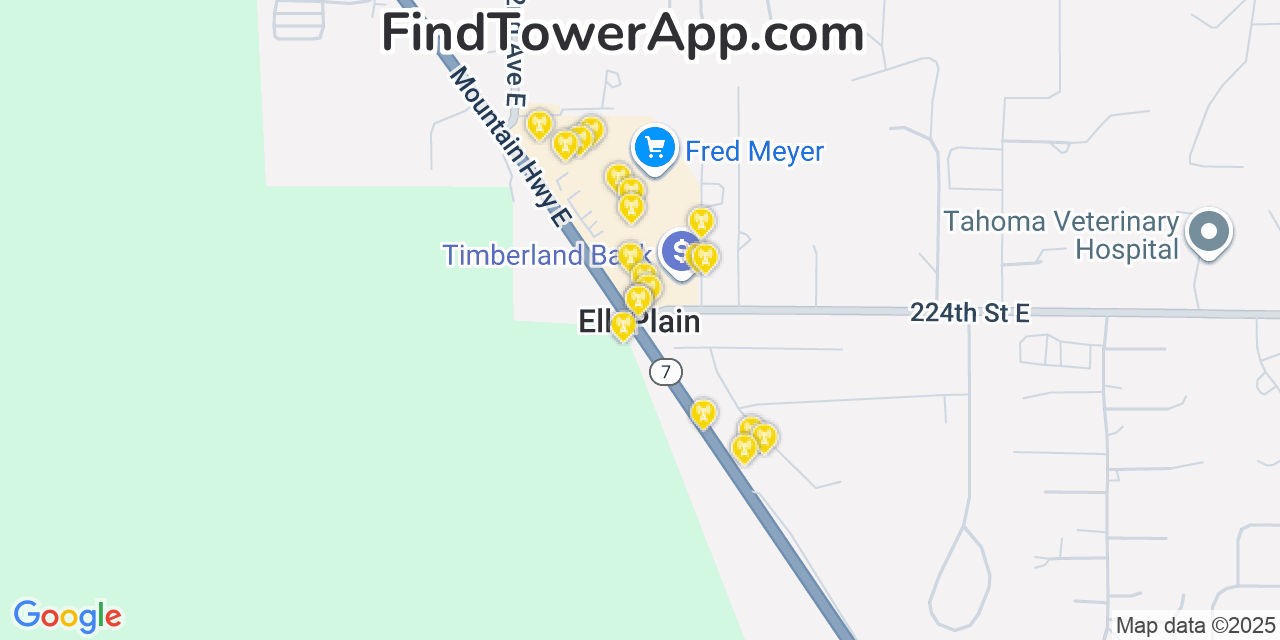 Map showing the 20 primary cell tower locations detected in Elk Plain, Washington from AT&T, Verizon, and T-Mobile networks