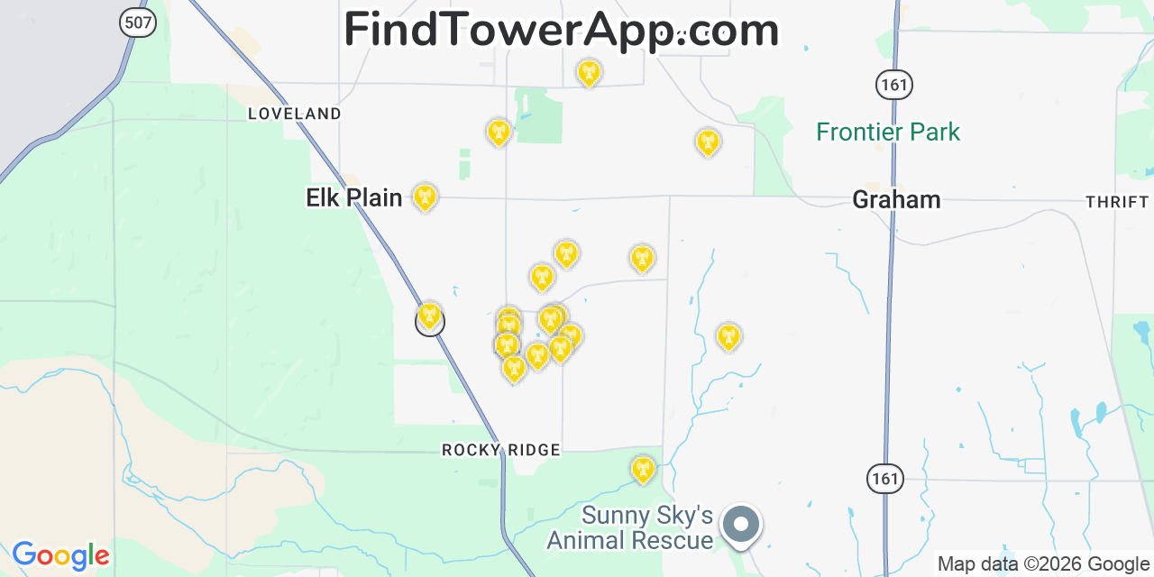 Map showing the 20 primary cell tower locations detected in Elk Plain, Washington from AT&T, Verizon, and T-Mobile networks