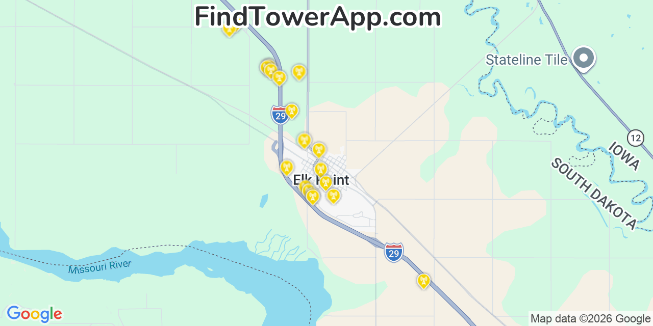 Map showing the 20 primary cell tower locations detected in Elk Point, South Dakota from AT&T, Verizon, and T-Mobile networks