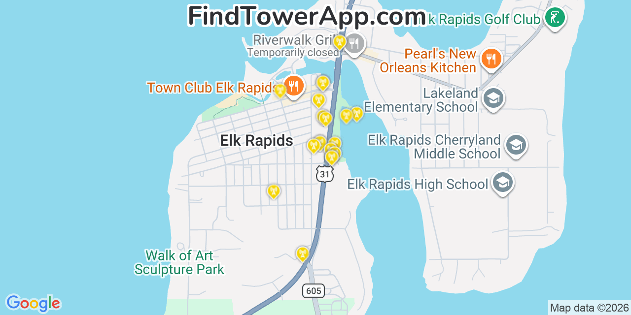 Map showing the 20 primary cell tower locations detected in Elk Rapids, Michigan from AT&T, Verizon, and T-Mobile networks
