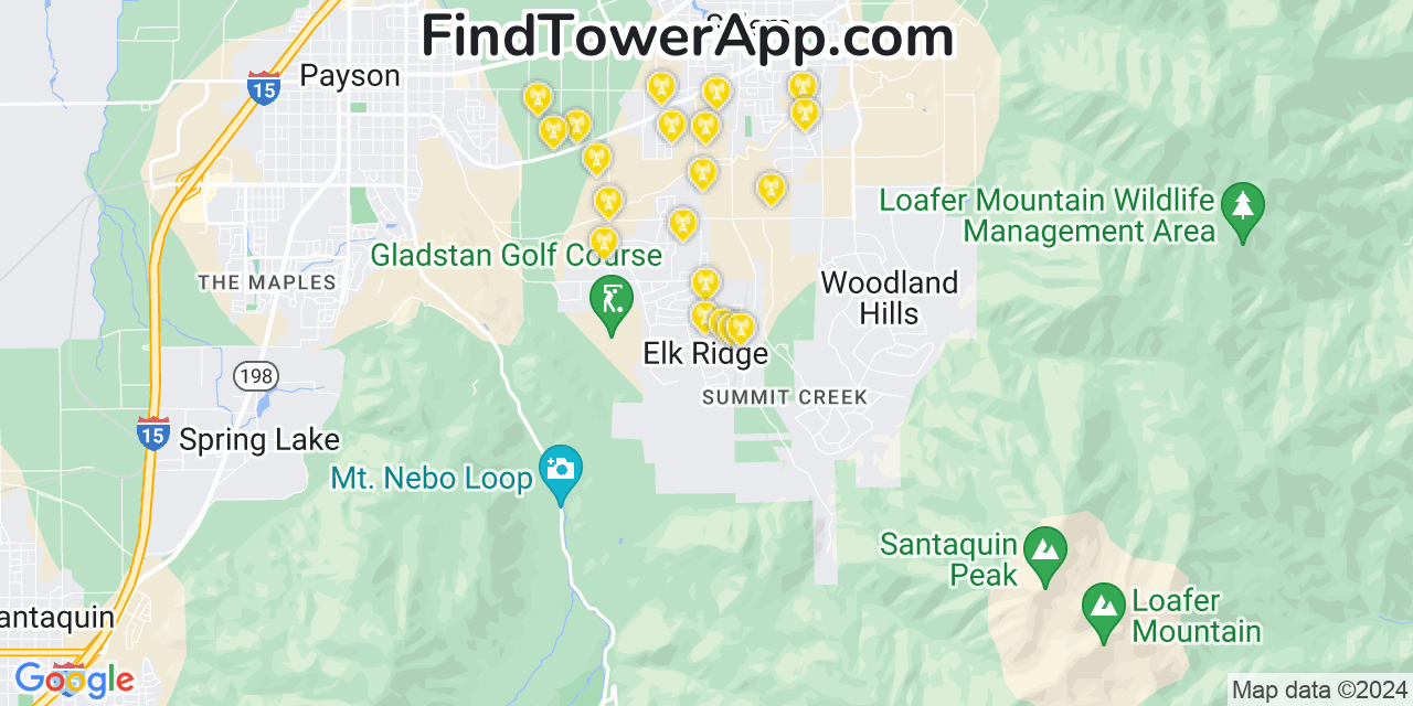 AT&T 4G/5G cell tower coverage map Elk Ridge, Utah