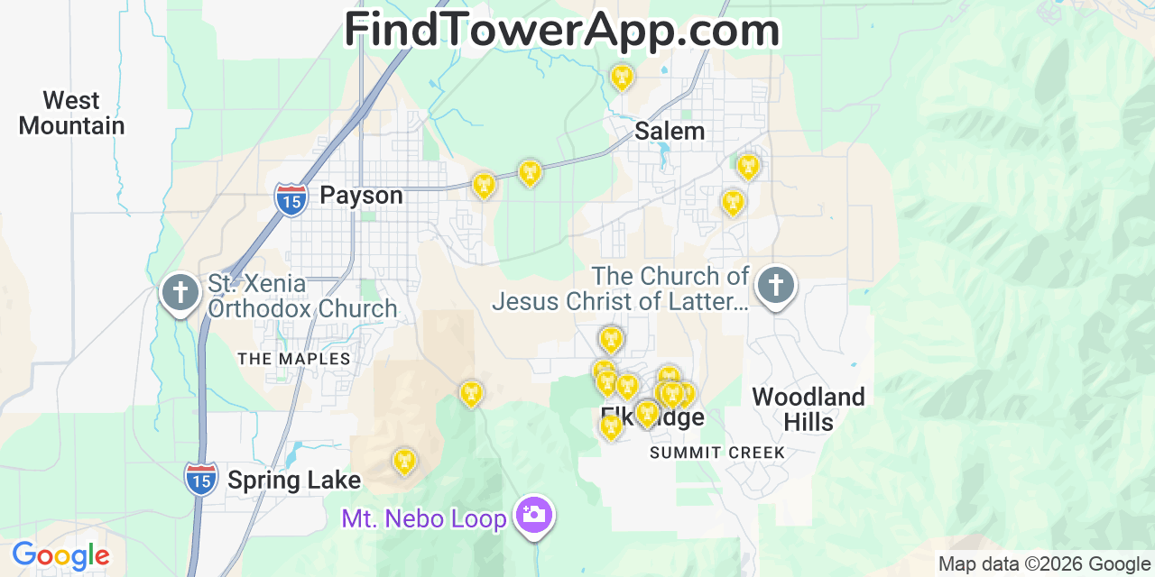 Map showing the 20 primary cell tower locations detected in Elk Ridge, Utah from AT&T, Verizon, and T-Mobile networks