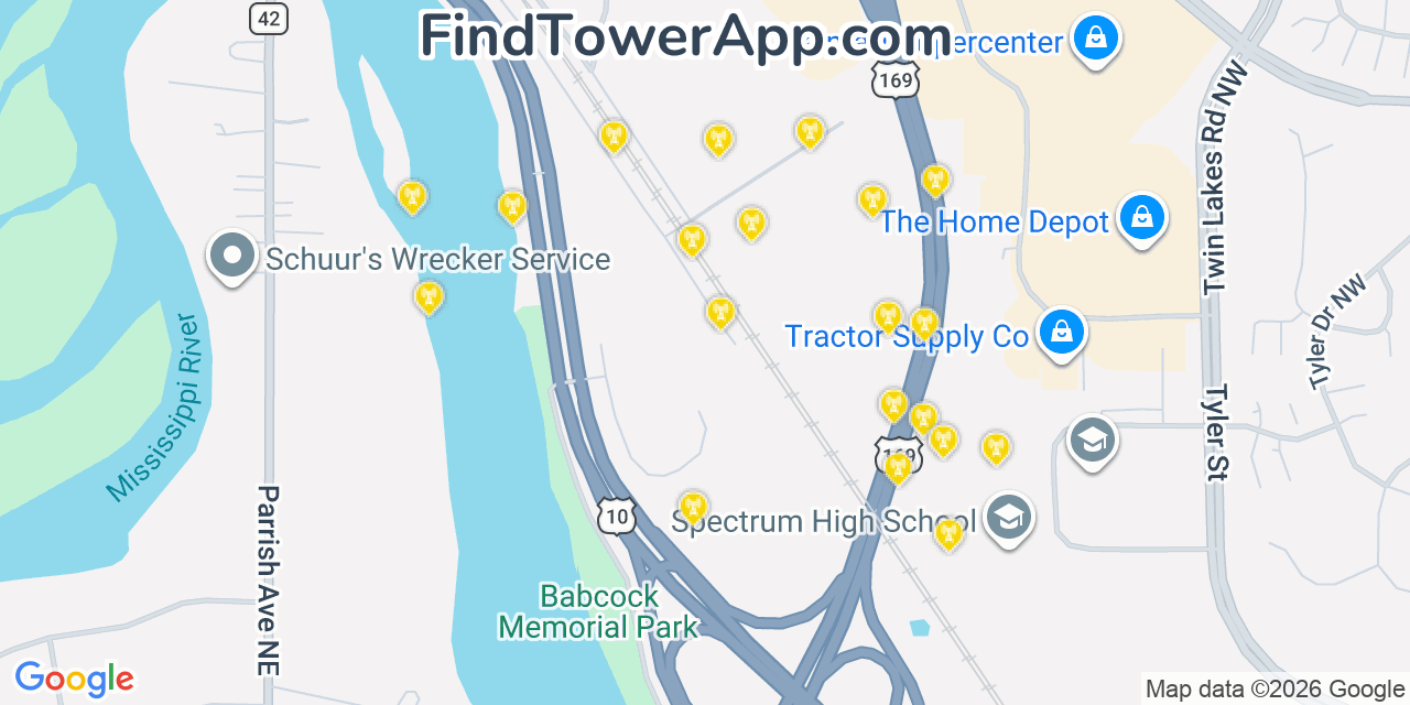 Map showing the 20 primary cell tower locations detected in Elk River, Minnesota from AT&T, Verizon, and T-Mobile networks