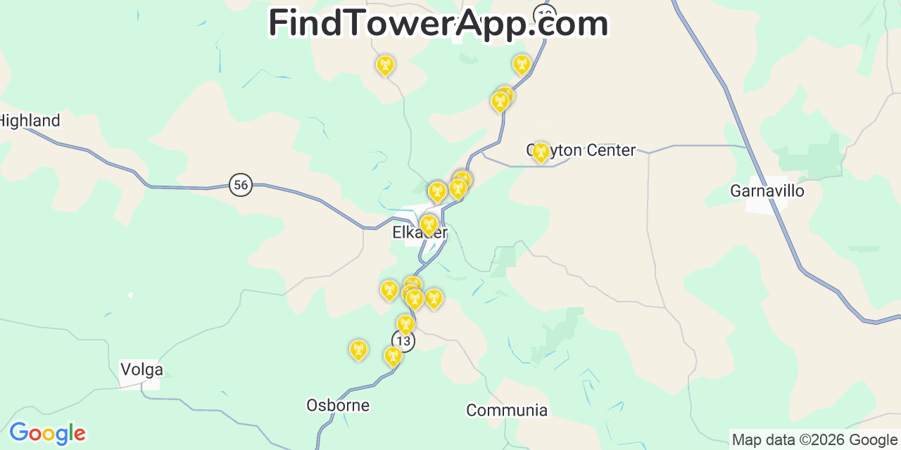 Map showing the 20 primary cell tower locations detected in Elkader, Iowa from AT&T, Verizon, and T-Mobile networks