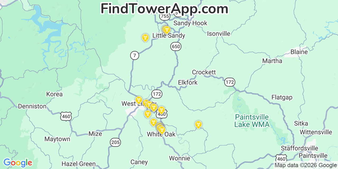 Map showing the 20 primary cell tower locations detected in Elkfork, Kentucky from AT&T, Verizon, and T-Mobile networks