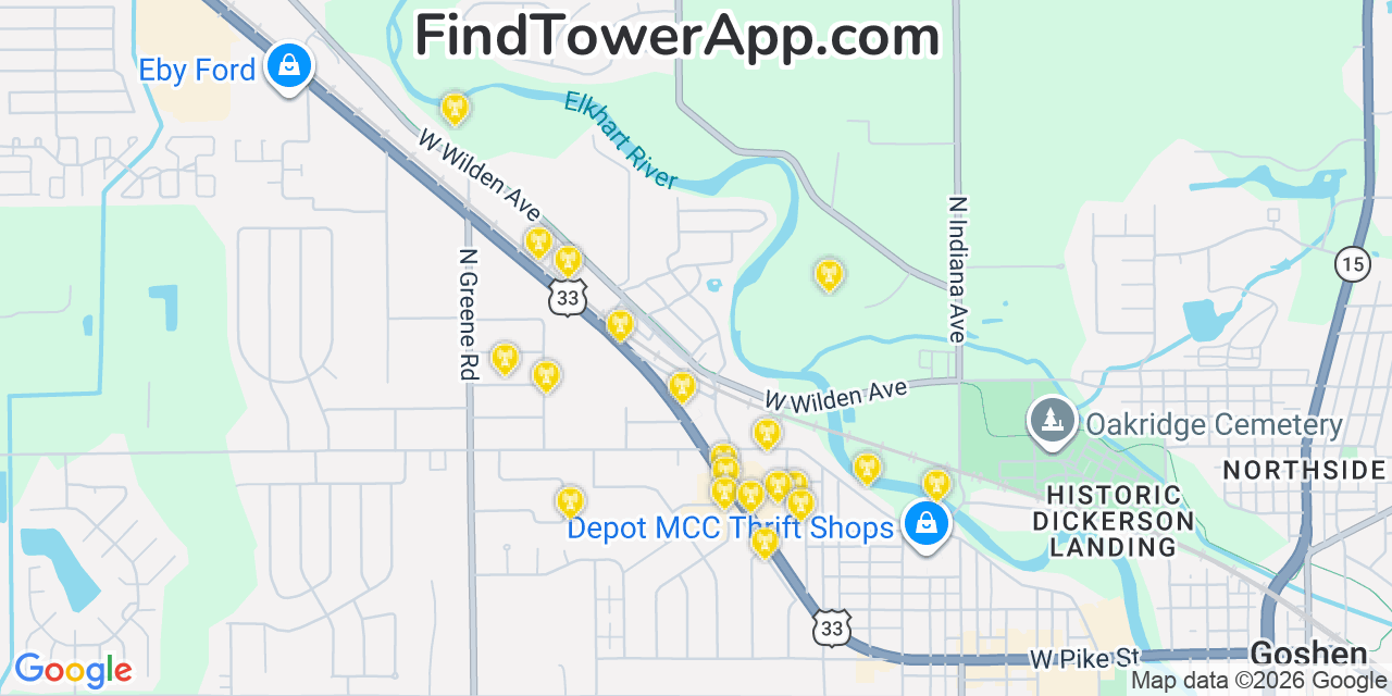 Map showing the 20 primary cell tower locations detected in Elkhart, Indiana from AT&T, Verizon, and T-Mobile networks