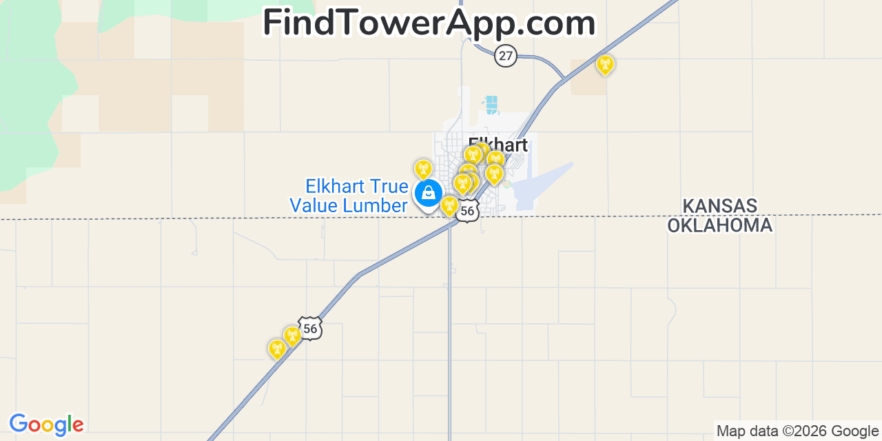 Map showing the 20 primary cell tower locations detected in Elkhart, Kansas from AT&T, Verizon, and T-Mobile networks