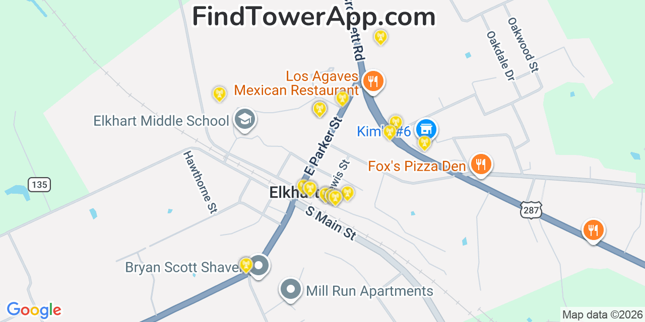 Map showing the 20 primary cell tower locations detected in Elkhart, Texas from AT&T, Verizon, and T-Mobile networks