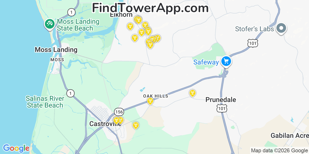 Map showing the 20 primary cell tower locations detected in Elkhorn, California from AT&T, Verizon, and T-Mobile networks