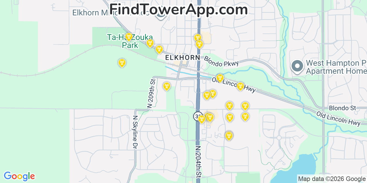 Map showing the 20 primary cell tower locations detected in Elkhorn, Nebraska from AT&T, Verizon, and T-Mobile networks