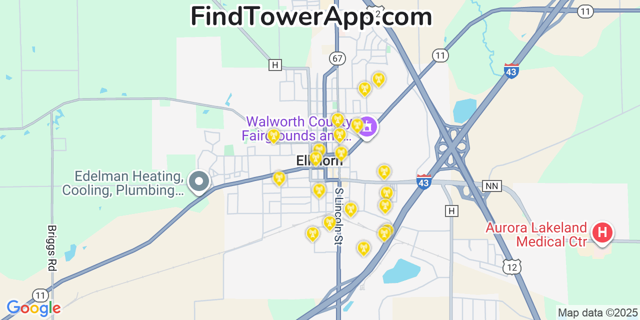 Map showing the 20 primary cell tower locations detected in Elkhorn, Wisconsin from AT&T, Verizon, and T-Mobile networks