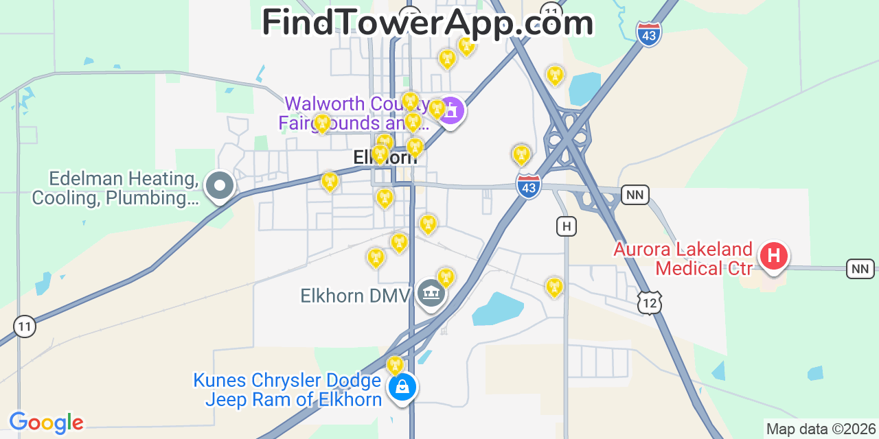Map showing the 20 primary cell tower locations detected in Elkhorn, Wisconsin from AT&T, Verizon, and T-Mobile networks