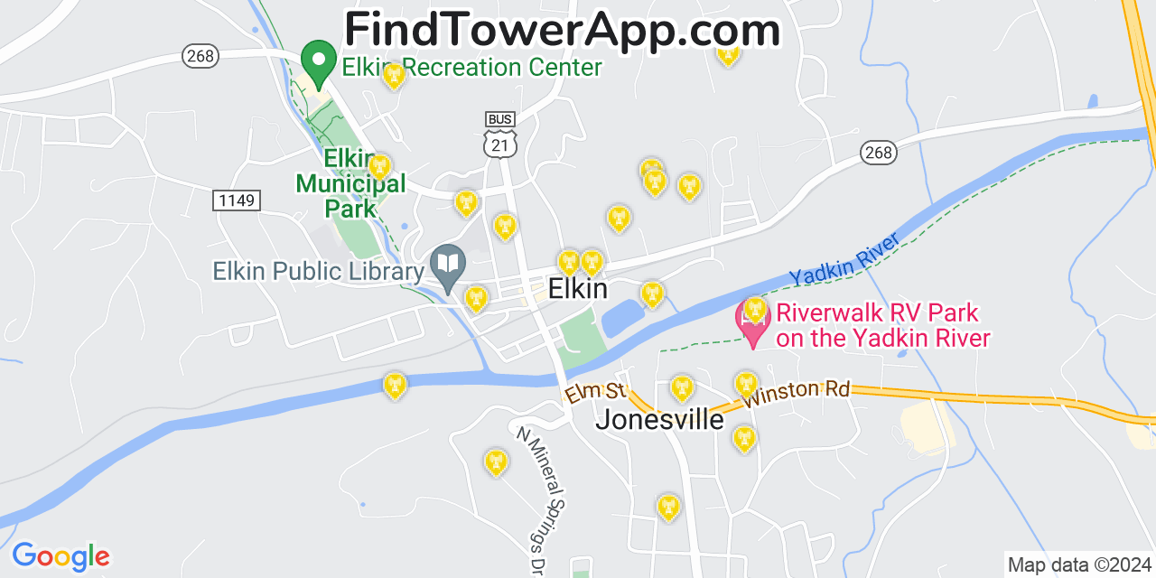 AT&T 4G/5G cell tower coverage map Elkin, North Carolina