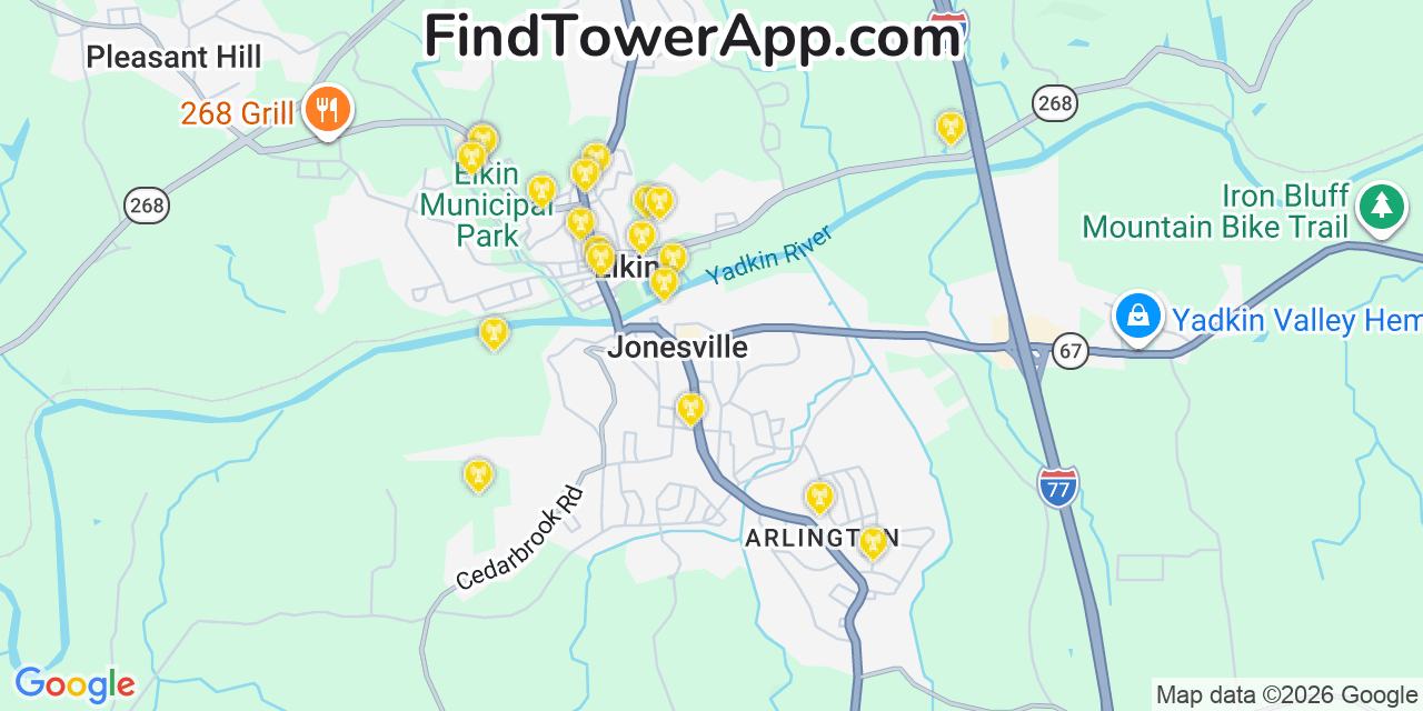 Map showing the 20 primary cell tower locations detected in Elkin, North Carolina from AT&T, Verizon, and T-Mobile networks