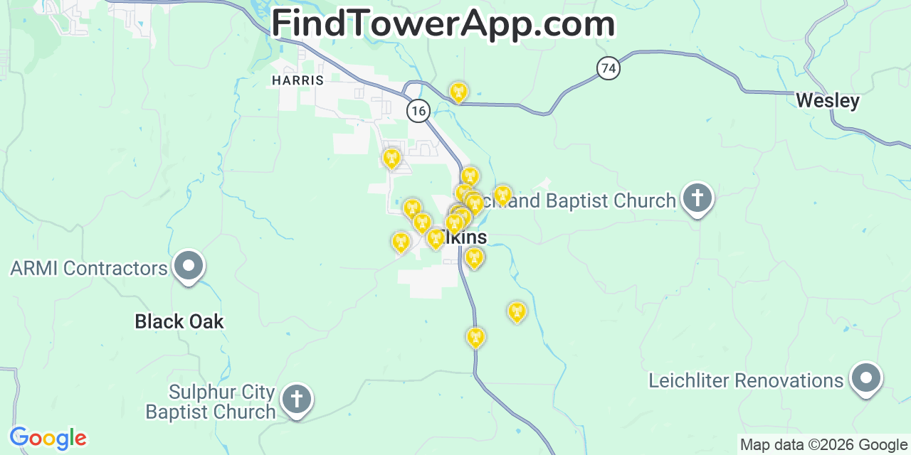Map showing the 20 primary cell tower locations detected in Elkins, Arkansas from AT&T, Verizon, and T-Mobile networks
