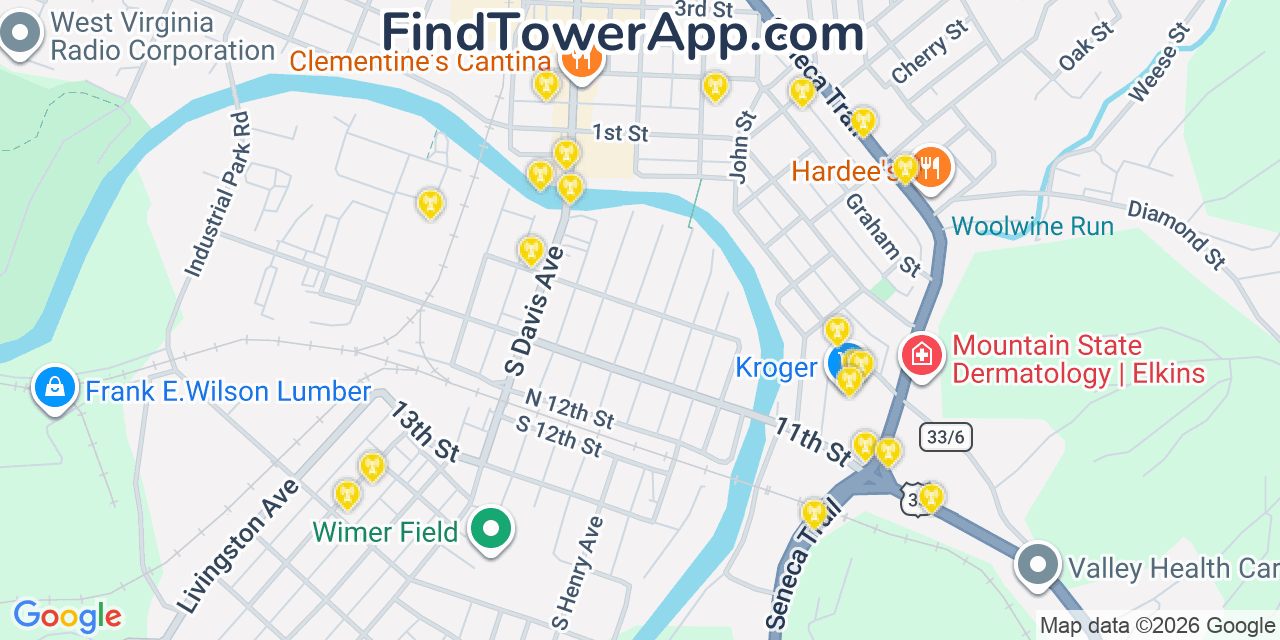 Map showing the 20 primary cell tower locations detected in Elkins, West Virginia from AT&T, Verizon, and T-Mobile networks