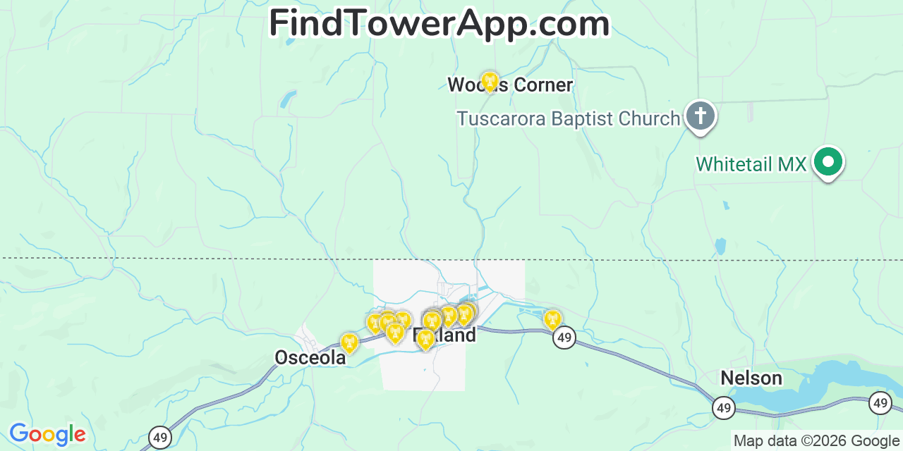Map showing the 20 primary cell tower locations detected in Elkland, Pennsylvania from AT&T, Verizon, and T-Mobile networks