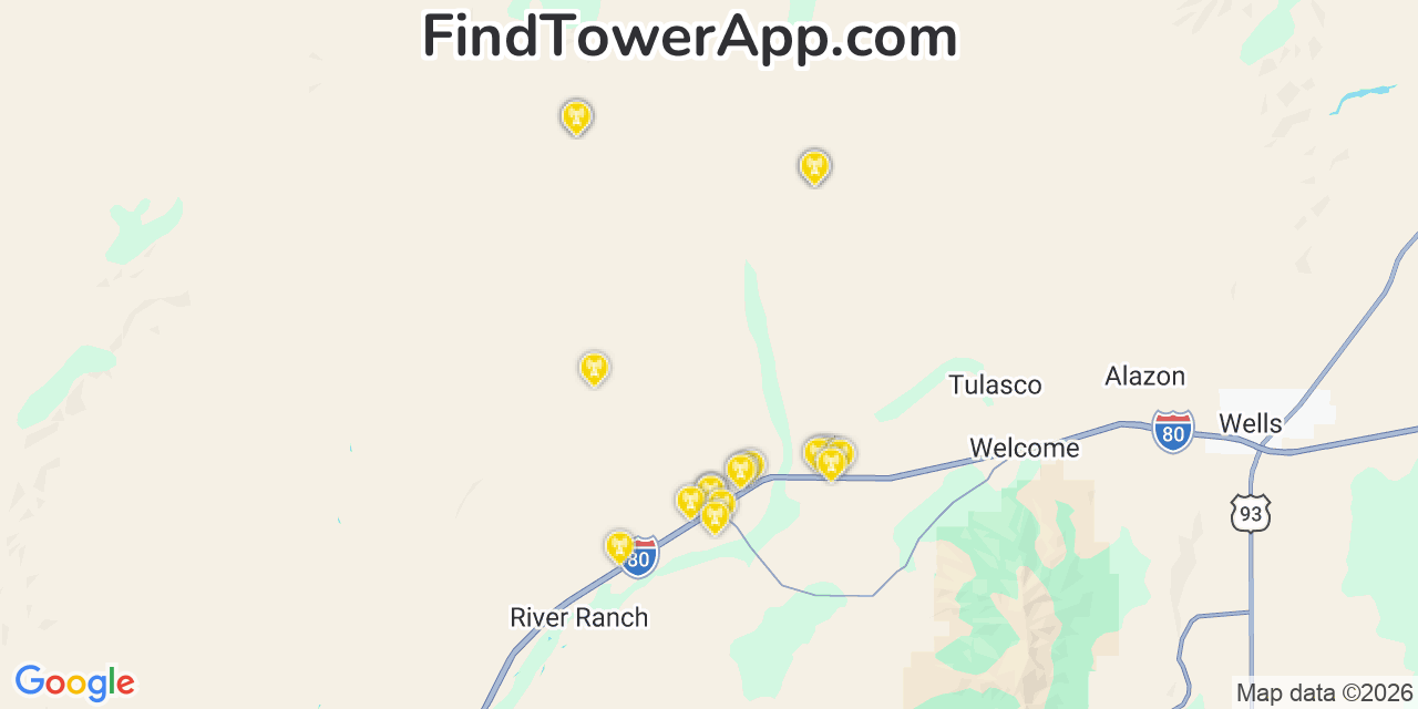 Map showing the 20 primary cell tower locations detected in Elko, Nevada from AT&T, Verizon, and T-Mobile networks