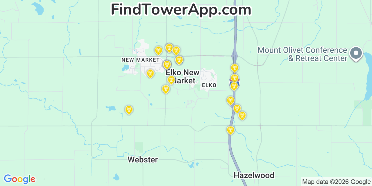 Map showing the 20 primary cell tower locations detected in Elko New Market, Minnesota from AT&T, Verizon, and T-Mobile networks