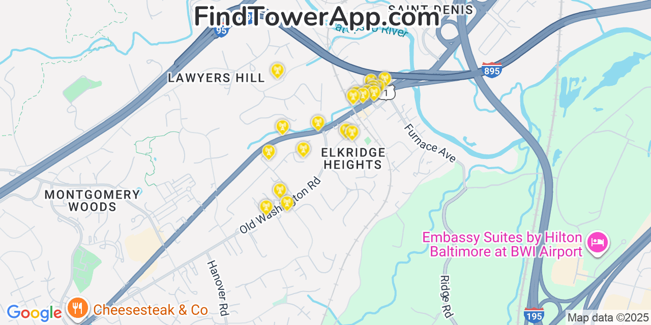 Map showing the 20 primary cell tower locations detected in Elkridge, Maryland from AT&T, Verizon, and T-Mobile networks