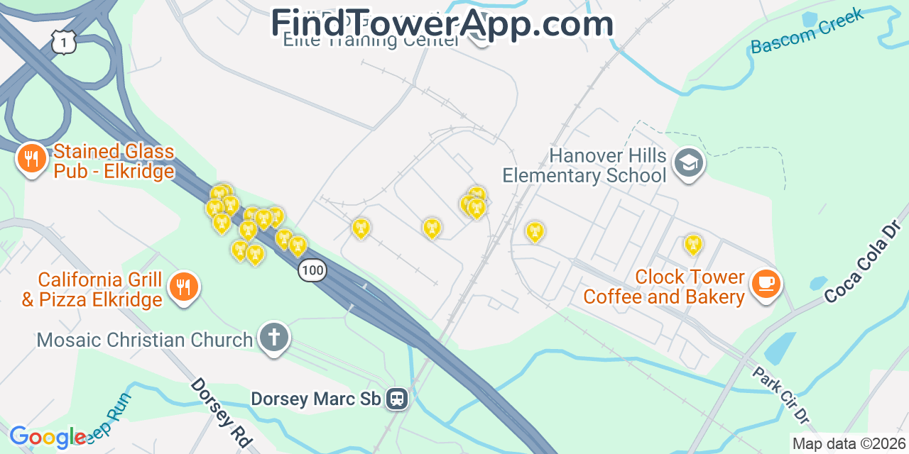 Map showing the 20 primary cell tower locations detected in Elkridge, Maryland from AT&T, Verizon, and T-Mobile networks
