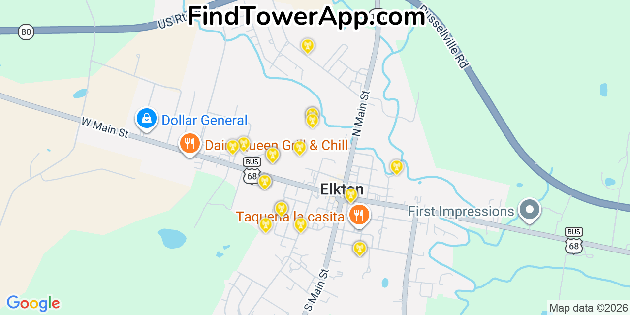 Map showing the 20 primary cell tower locations detected in Elkton, Kentucky from AT&T, Verizon, and T-Mobile networks