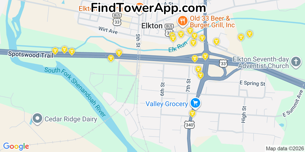 Map showing the 20 primary cell tower locations detected in Elkton, Virginia from AT&T, Verizon, and T-Mobile networks