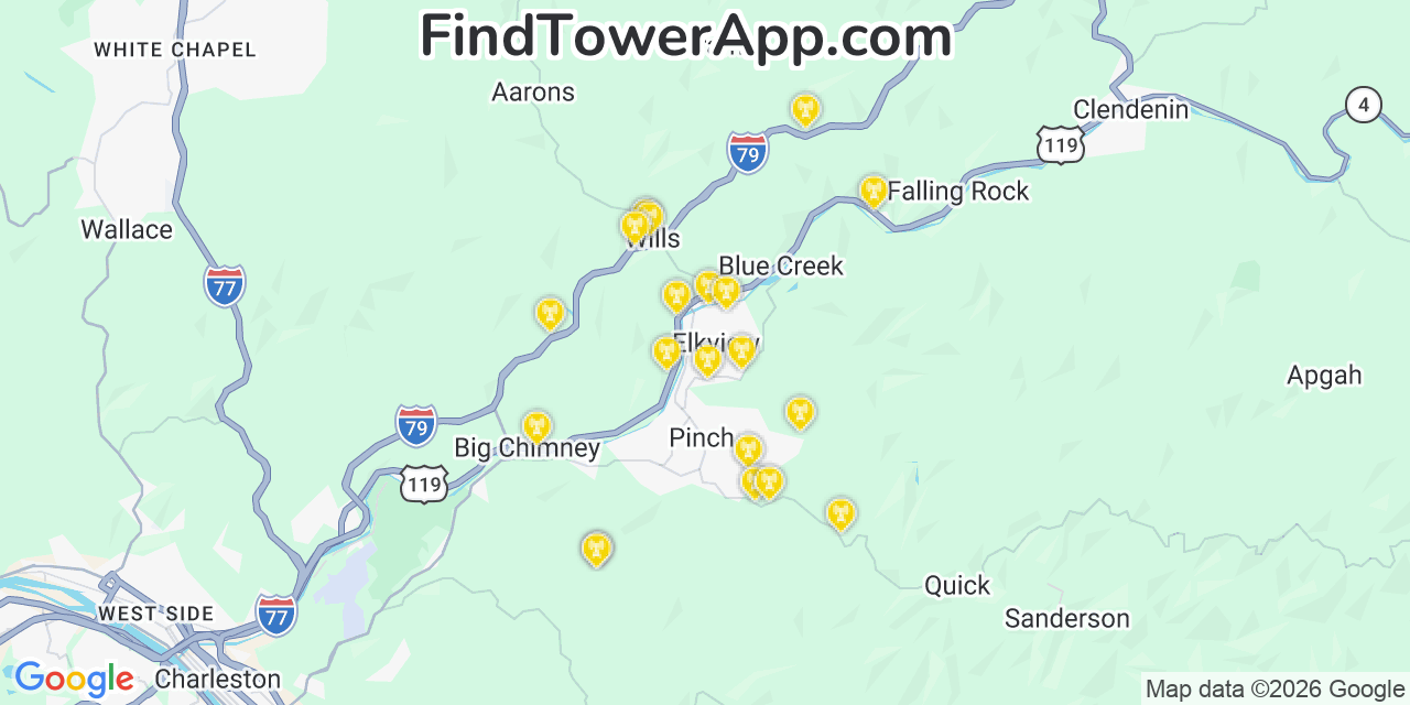 Map showing the 20 primary cell tower locations detected in Elkview, West Virginia from AT&T, Verizon, and T-Mobile networks