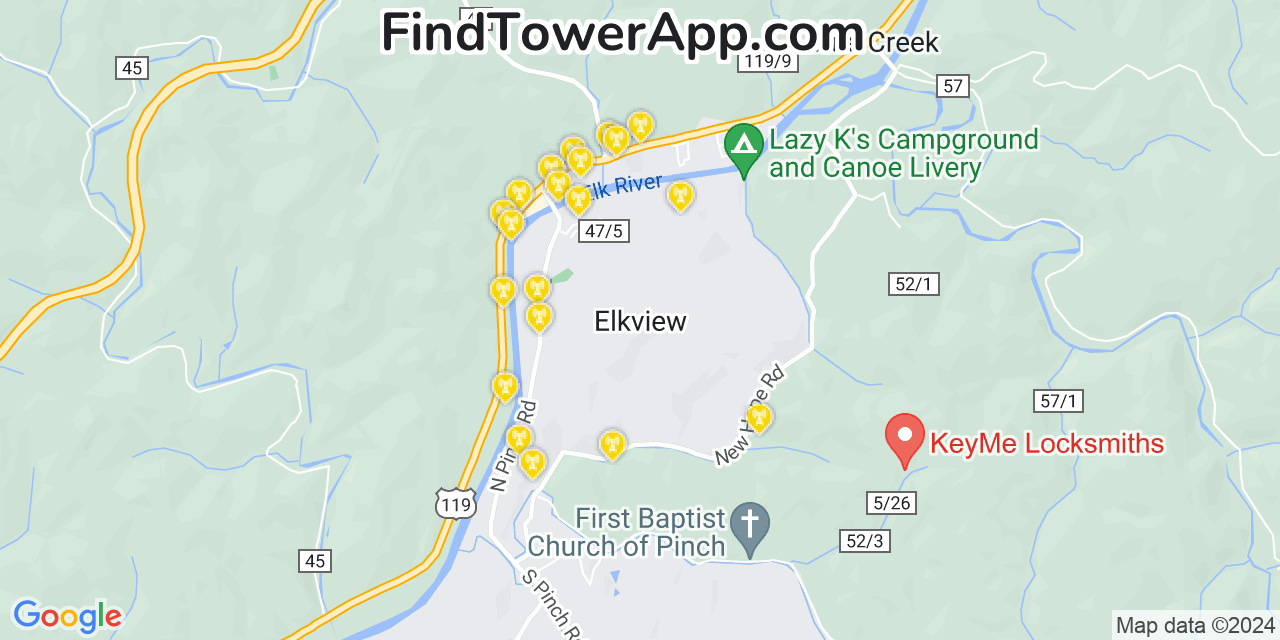 Verizon 4G/5G cell tower coverage map Elkview, West Virginia