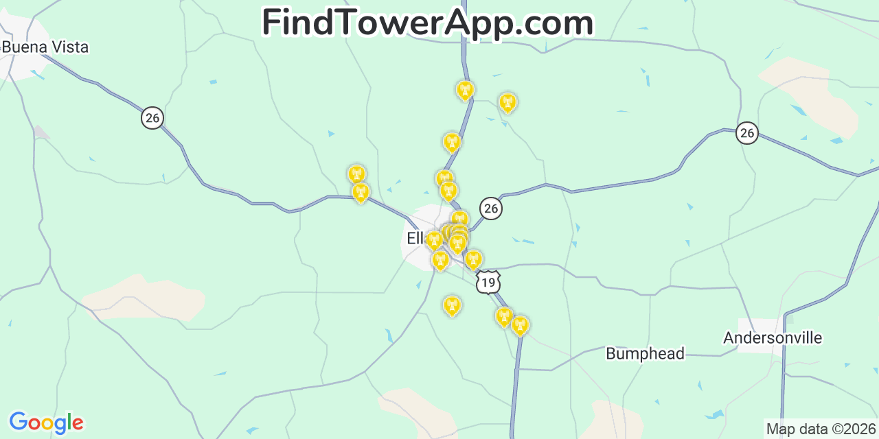 Map showing the 20 primary cell tower locations detected in Ellaville, Georgia from AT&T, Verizon, and T-Mobile networks
