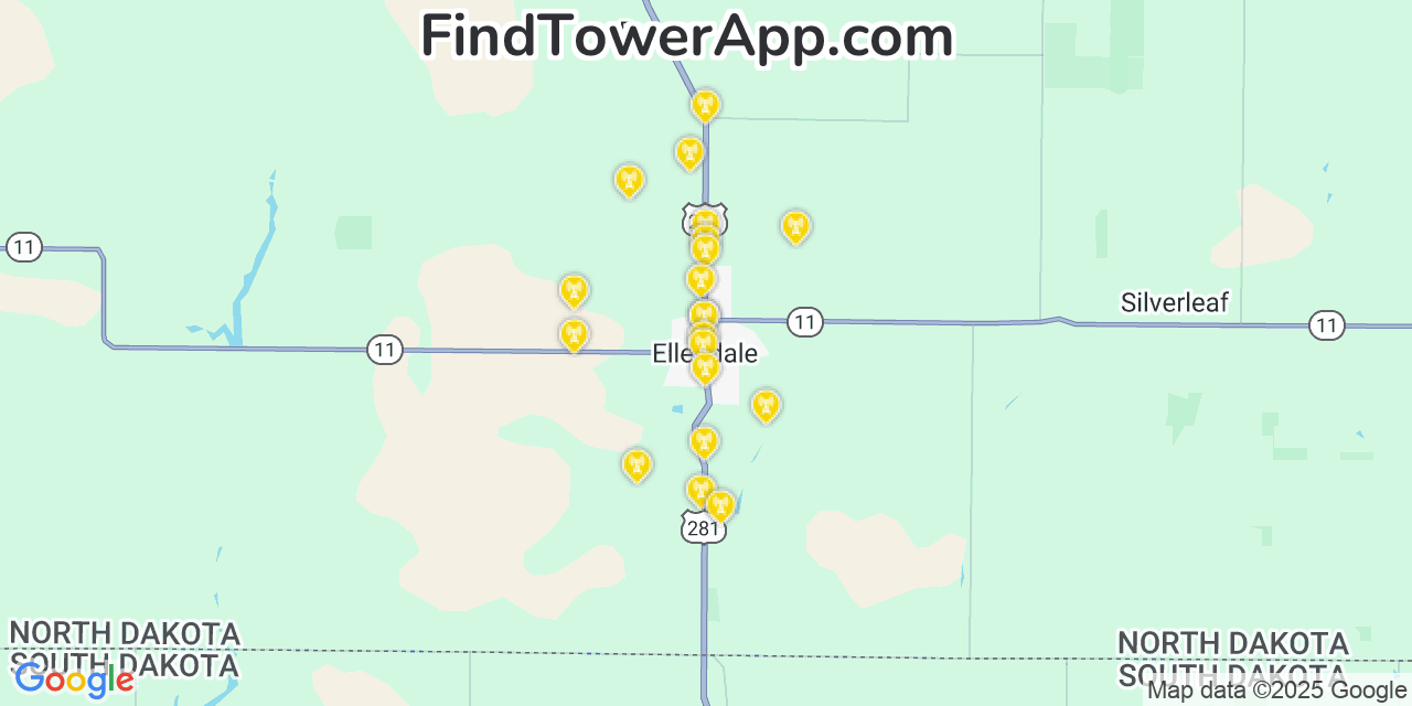 Map showing the 20 primary cell tower locations detected in Ellendale, North Dakota from AT&T, Verizon, and T-Mobile networks