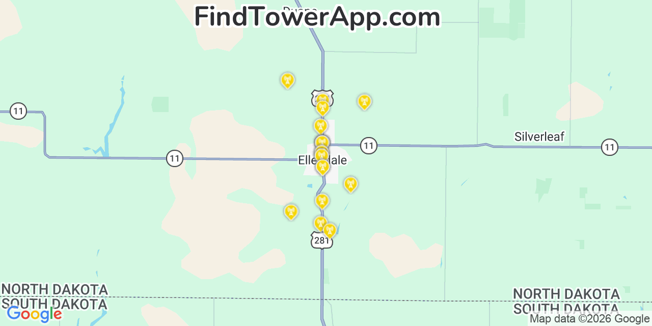 Map showing the 20 primary cell tower locations detected in Ellendale, North Dakota from AT&T, Verizon, and T-Mobile networks