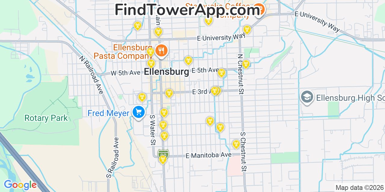 Map showing the 20 primary cell tower locations detected in Ellensburg, Washington from AT&T, Verizon, and T-Mobile networks