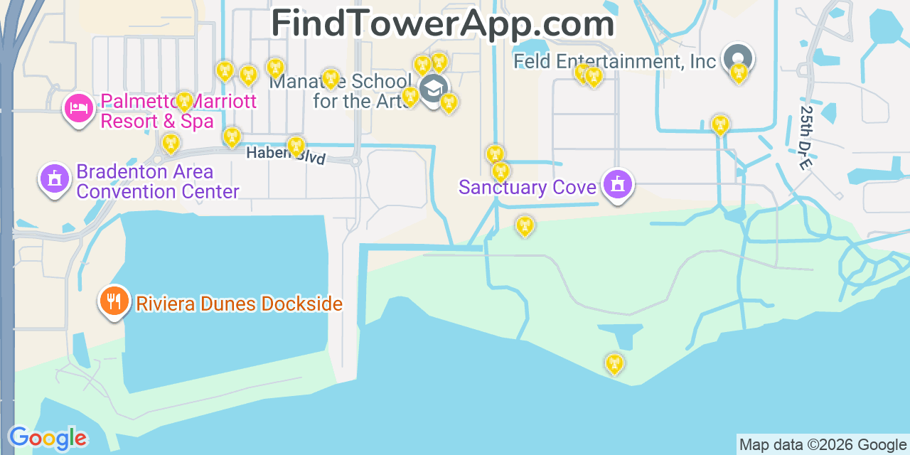 Map showing the 20 primary cell tower locations detected in Ellenton, Florida from AT&T, Verizon, and T-Mobile networks