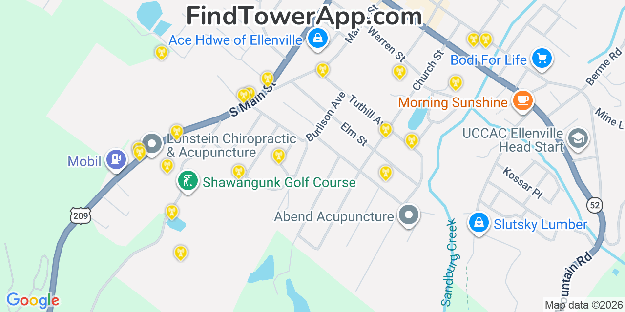 Map showing the 20 primary cell tower locations detected in Ellenville, New York from AT&T, Verizon, and T-Mobile networks