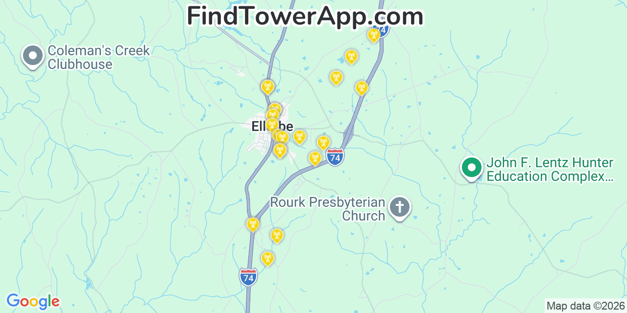 Map showing the 20 primary cell tower locations detected in Ellerbe, North Carolina from AT&T, Verizon, and T-Mobile networks