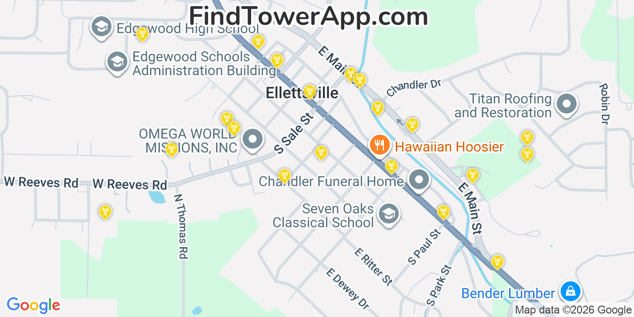 Map showing the 20 primary cell tower locations detected in Ellettsville, Indiana from AT&T, Verizon, and T-Mobile networks