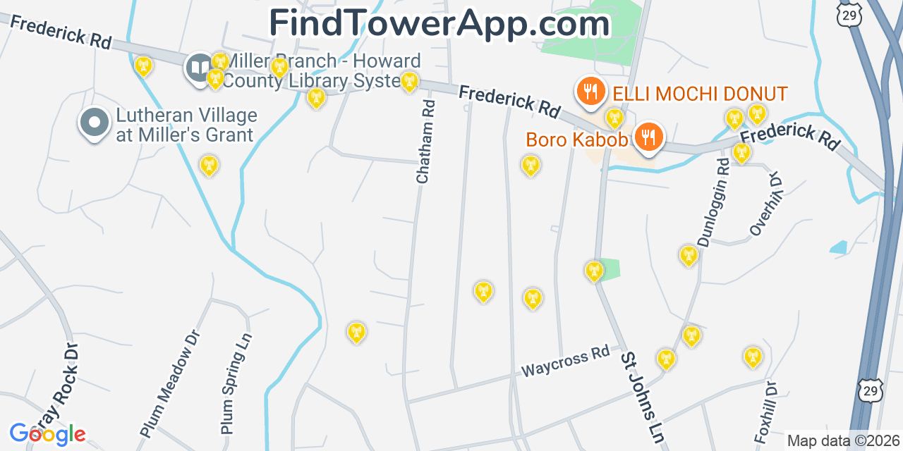 Map showing the 20 primary cell tower locations detected in Ellicott City, Maryland from AT&T, Verizon, and T-Mobile networks