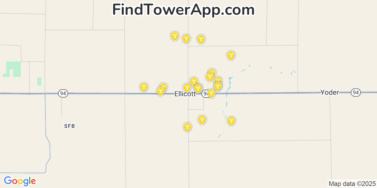 Map showing the 20 primary cell tower locations detected in Ellicott, Colorado from AT&T, Verizon, and T-Mobile networks