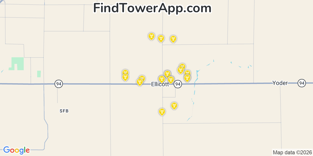 Map showing the 20 primary cell tower locations detected in Ellicott, Colorado from AT&T, Verizon, and T-Mobile networks