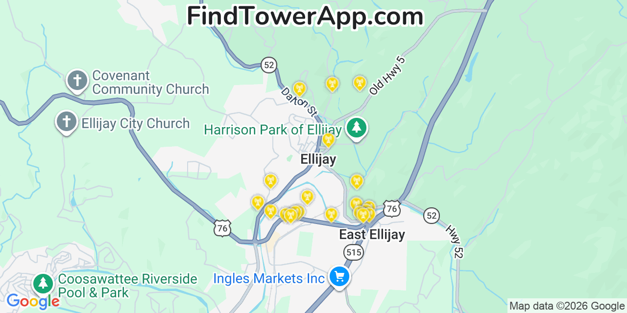 Map showing the 20 primary cell tower locations detected in Ellijay, Georgia from AT&T, Verizon, and T-Mobile networks