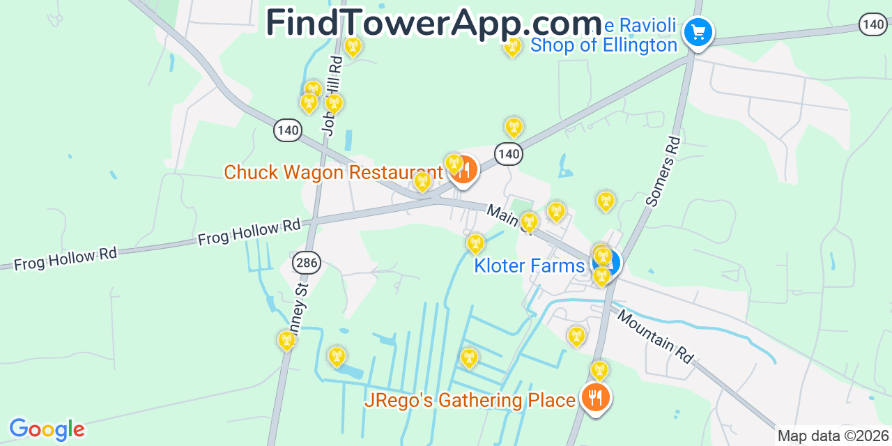 Map showing the 20 primary cell tower locations detected in Ellington, Connecticut from AT&T, Verizon, and T-Mobile networks