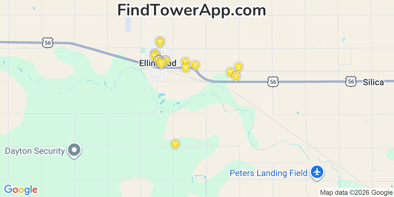 Map showing the 20 primary cell tower locations detected in Ellinwood, Kansas from AT&T, Verizon, and T-Mobile networks