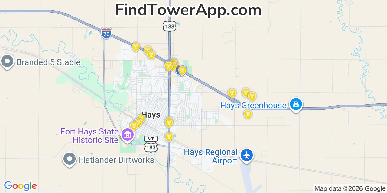 Map showing the 20 primary cell tower locations detected in Ellis, Kansas from AT&T, Verizon, and T-Mobile networks
