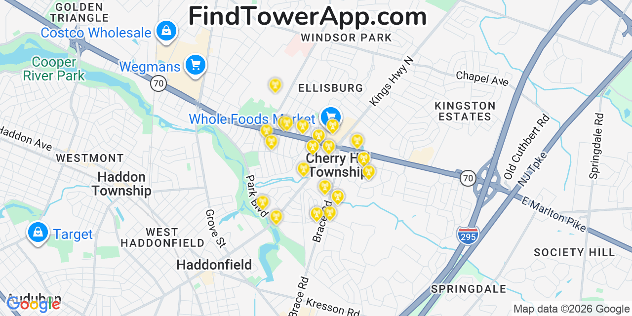 Map showing the 20 primary cell tower locations detected in Ellisburg, New Jersey from AT&T, Verizon, and T-Mobile networks