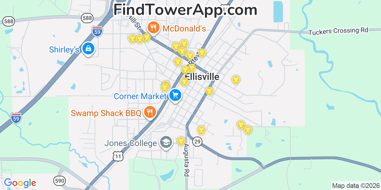 Map showing the 20 primary cell tower locations detected in Ellisville, Mississippi from AT&T, Verizon, and T-Mobile networks